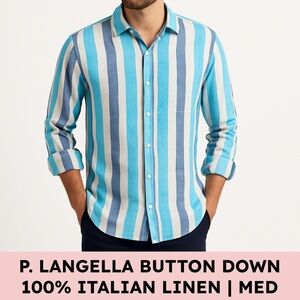 P. Langella Linen Button Down Italian Stripe Shirt Mediterranean Men’s M Blue